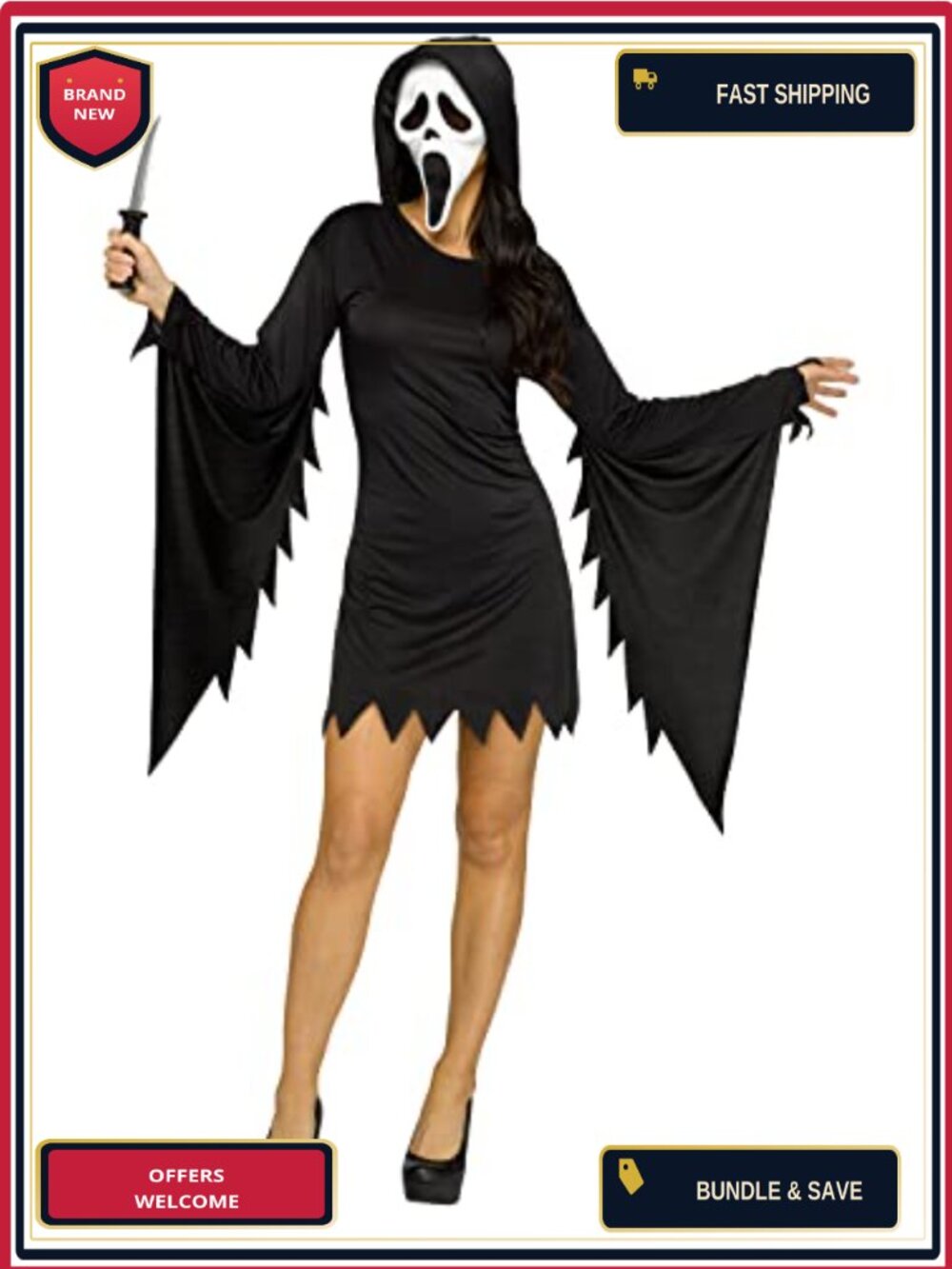 Ghost Face Glamour Adult Costume Hooded Dress & Mask Halloween Scream Cosplay